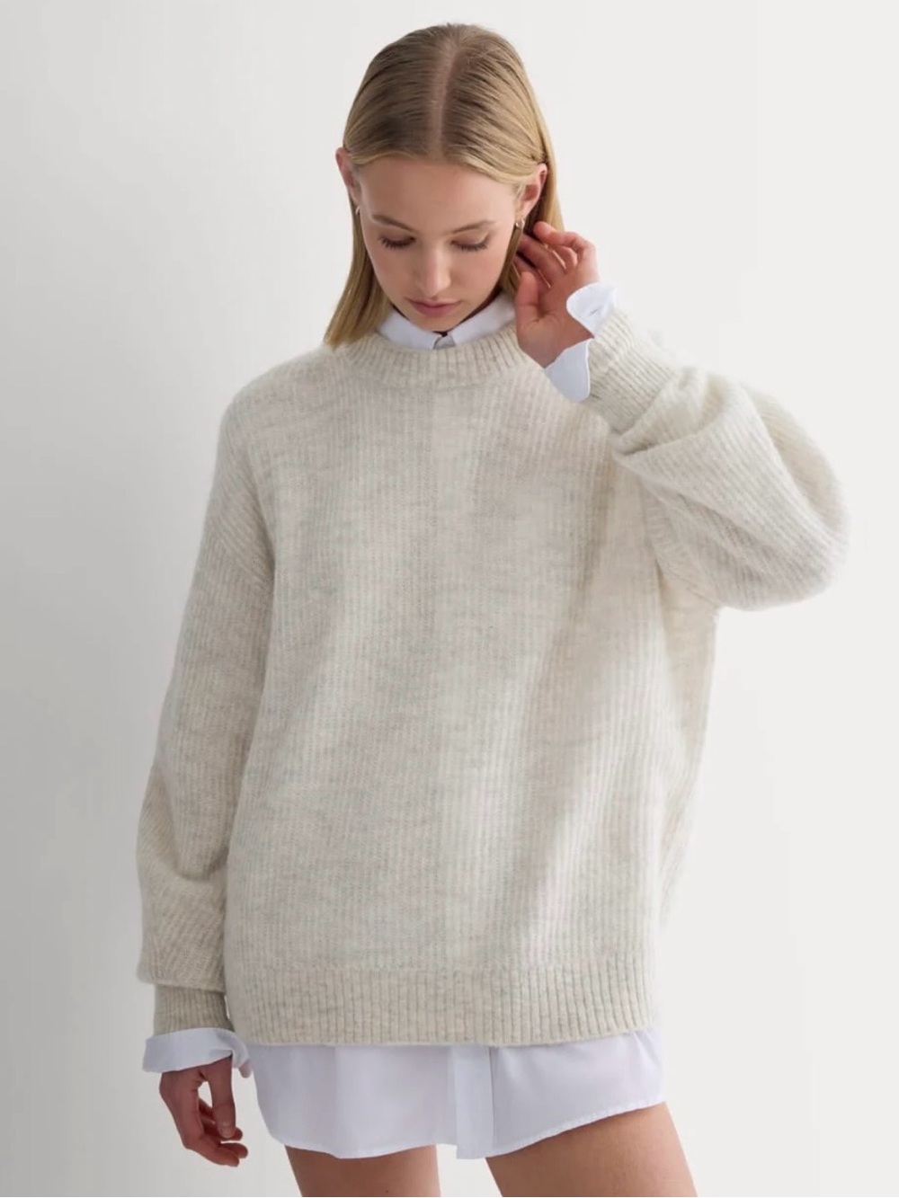 Everlane Lightweight Cream Ribbed Crewneck Sweater